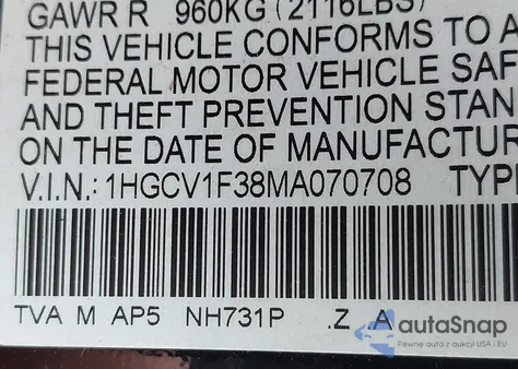 2021 Honda Accord Sport из США, поврежденный, VIN 1HGCV1F38MA070708